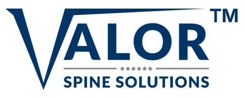 Logo of Valor Spine Solutions featuring bold blue lettering with a small spine graphic underneath. The design includes a TM symbol to denote a trademark.